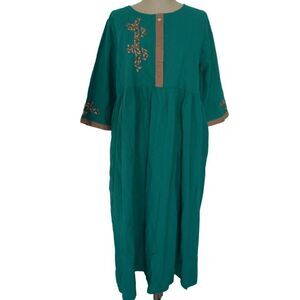 Women's Cotton Blend Green Embroidered Placket A-Line Dress L #1695-B5